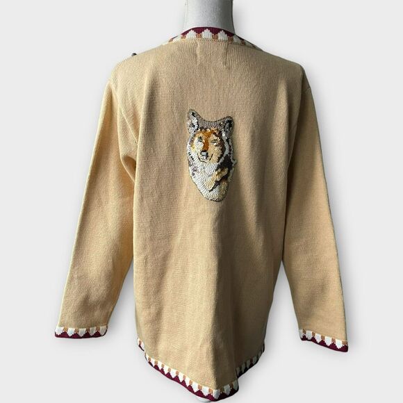 Storybook Knits Cardigan Spirit of the Wolf Beaded Embroider Native Size Large - Picture 6 of 12